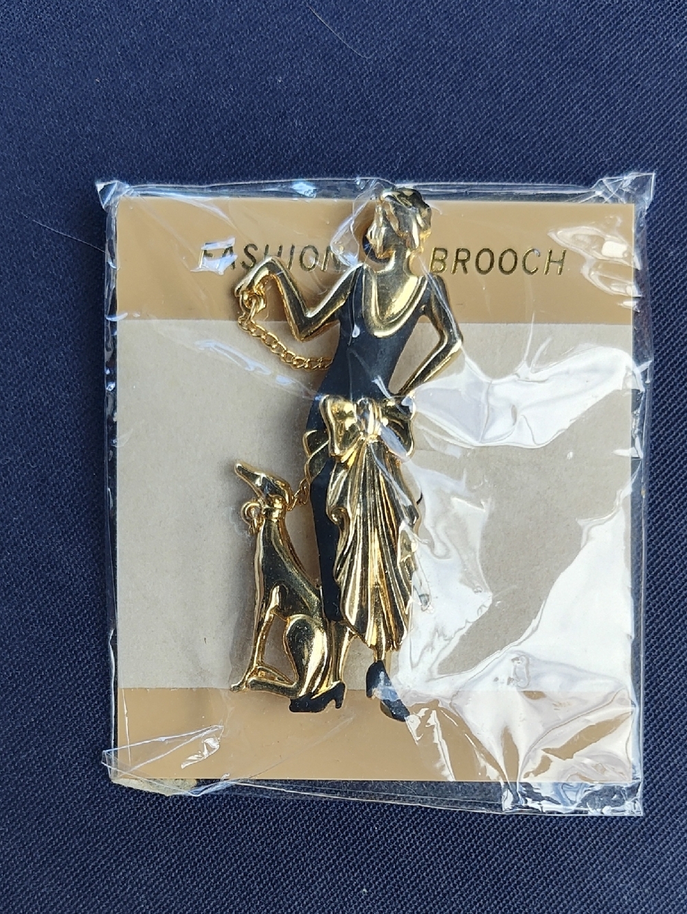 Fashion Brooch Gold-Tone Lady with Dog Pin